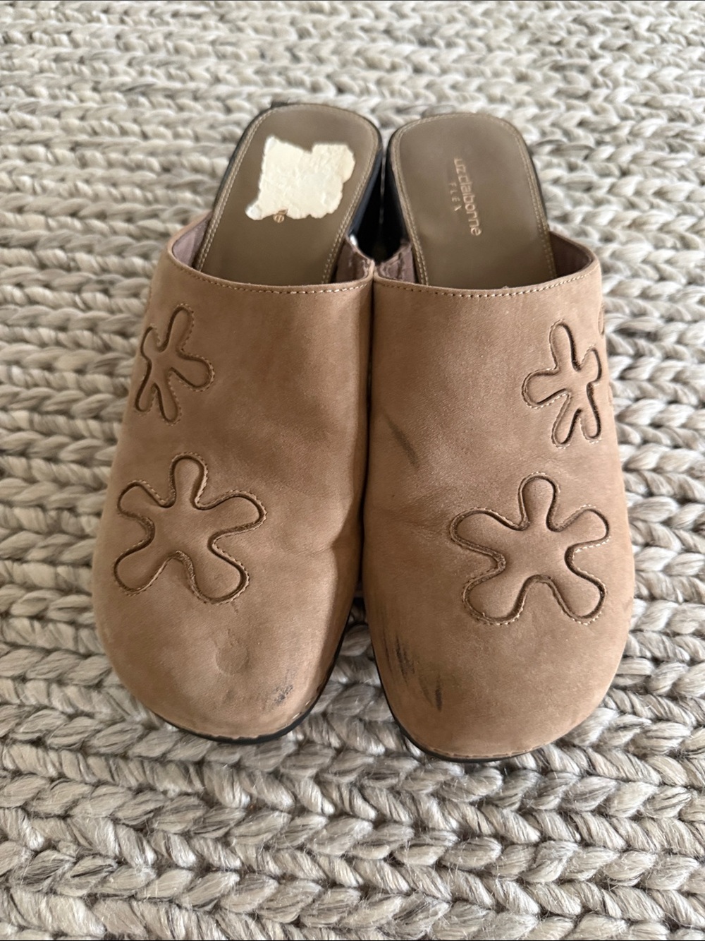 Liz Claiborne Taupe Floral-Stitch Slip-On Mules